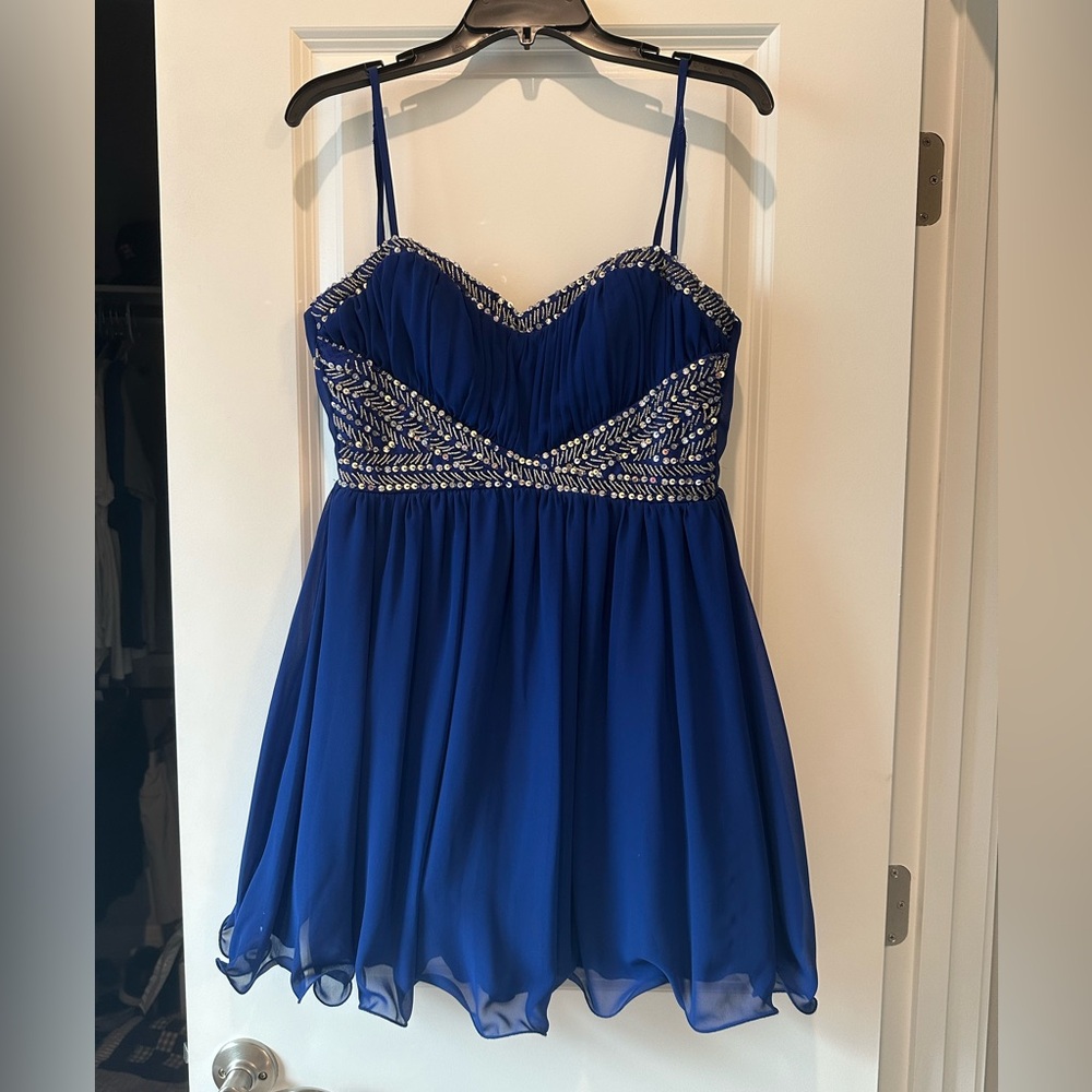 B. Smart Elegant Blue Dress with Silver Accents